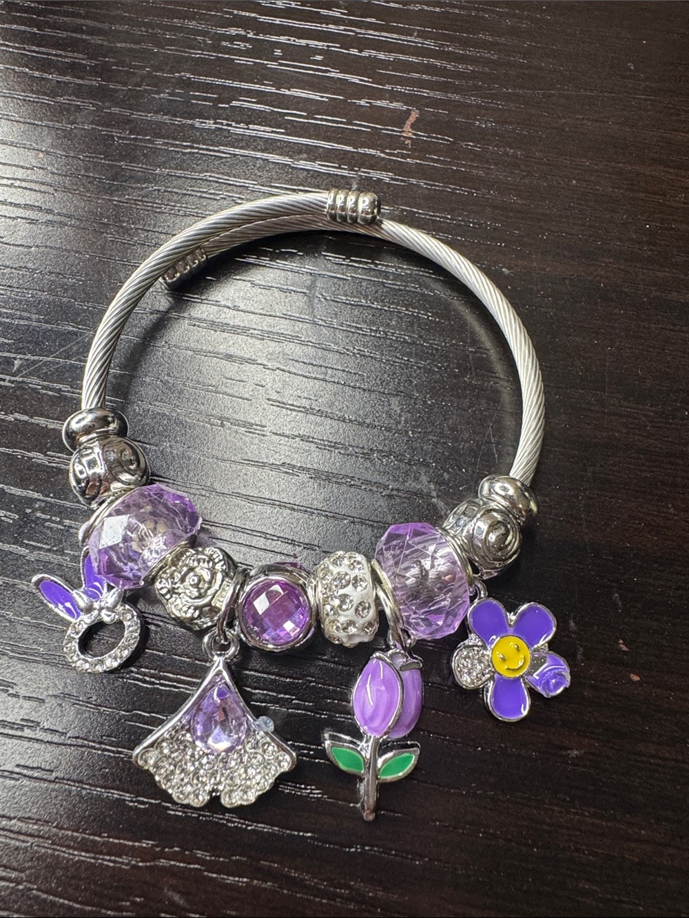 Silver-Tone Bracelet with Purple Crystal Charms